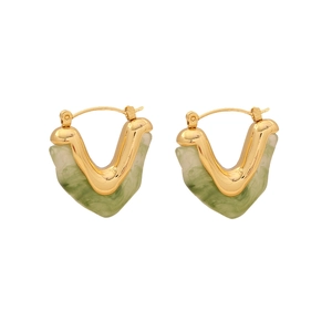 Golden V-shaped hoop earrings with green marbled resin inlay on a clean white background