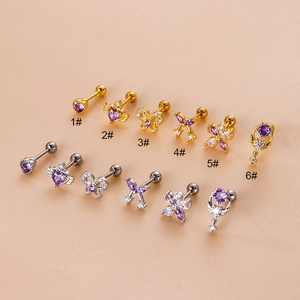 Purple zircon heart and butterfly bow cartilage studs in gold and silver finish