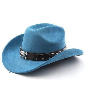 Detail of blue faux suede cowboy hat featuring brown studded band and metal skull ornament