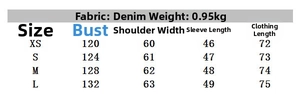 Size chart showing chest, shoulder, and sleeve measurements for denim jacket