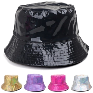 Holographic Laser PU Leather Bucket Hat Metallic Gradient Fisherman Hat For Party Nightclub Stage Street Punk Style