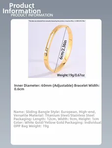 Detail showing titanium steel slider bracelet with dimensions and three moving zircons