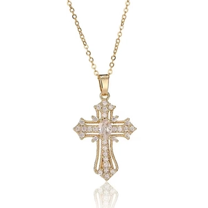 Retro punk gold cross pendant necklace with white zircon stones for women and men