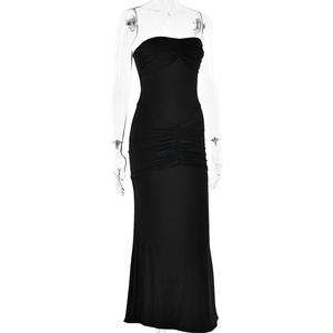 Detail of black off-the-shoulder maxi dress with ruched sides and bodycon fit