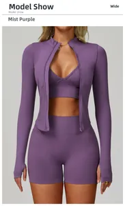 Ensemble de yoga sans couture trois pièces violet brume avec veste et short taille haute