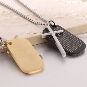 Retro cross and military tags necklace with Lord's Prayer engraving on beige stone