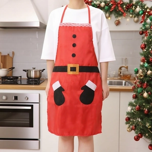 Festive red Santa Claus cartoon apron with black belt design for Christmas kitchen decor