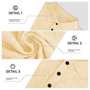 Men's light yellow polo shirt with jacquard plaid texture and classic three-button collar