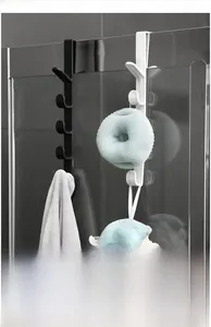 Vertical over-door organizer with four hooks for towels and bathroom storage