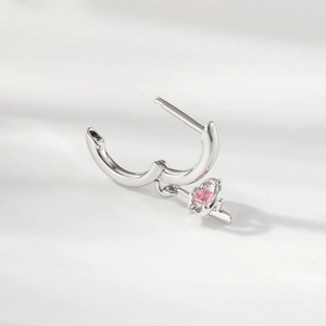Exquisite silver hoop earrings with pink zircon heart pendant and celestial star detailing