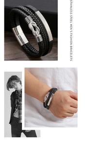 Detailed views of multi-layer woven leather and stainless steel bracelets for men