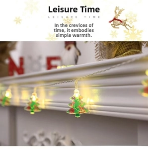 Detail of Christmas tree LED string lights with warm yellow glow on a white mantel