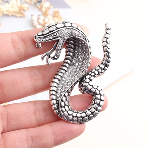 Macro shot of silver snake brooch with sparkling rhinestones and detailed scales