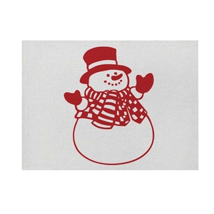 Detailed texture of cotton linen placemat featuring a festive red Christmas snowman print