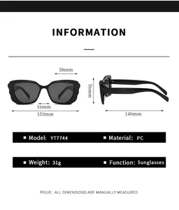 Detailed dimension chart of butterfly frame sunglasses showing width, height and temple length