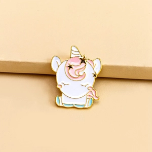 Cute unicorn enamel brooch pin with pink and white colors and gold-plated details