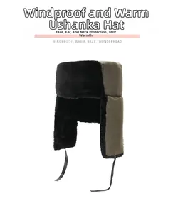 Detail of warm winter trapper hat with black faux fur lining and windproof ear flaps
