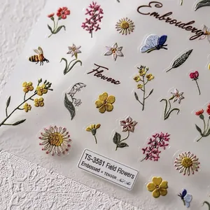 3D relief nail art stickers featuring vintage meadow flowers and butterflies pattern