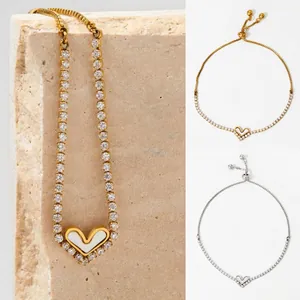 Adjustable Heart Slider Bracelet Stainless Steel Cubic Zirconia Mother Of Artificial Pearl Elegant Jewelry For Women