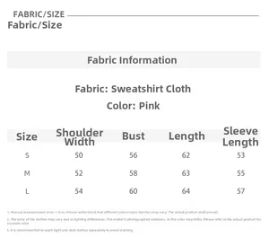 Tableau des tailles pour sweat rose oversize à col rond avec mesures détaillées