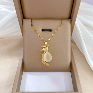 Luxury Stainless Steel Gold Phoenix Pendant Necklace Teardrop Cat Eye Stone Rhinestone Paved Choker Jewelry For Women