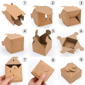 9-step guide showing how to fold a kraft paper gift box with a petal-shaped lid closure