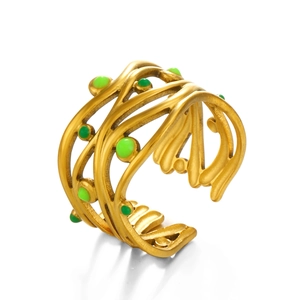 Anello incrociato in acciaio al titanio placcato oro 18K con smalto verde goccia