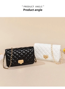 Close-up of quilted leather crossbody bags with gold clasps and chain straps