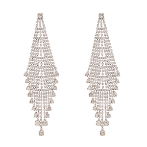 Sparkling silver fringe earrings with rhinestone geometric mesh and teardrop crystals
