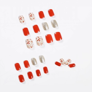Short square floral press-on nails set with red, gold glitter and flower patterns