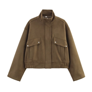 Veste Courte Suédine Femme Col Montant Utility Marron Casual Manches Longues Manteau À Fermeture Éclair Et Poches À Rabat