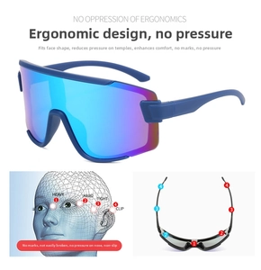 Ergonomic design of kids cycling sunglasses showing pressure relief points on the blue frame
