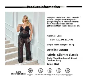 Detailed size chart for black lace jumpsuit featuring hollow-out fabric and deep V-neck design