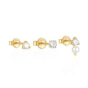 Macro view of gold S925 sterling silver earring set with opal, zircon and pearl