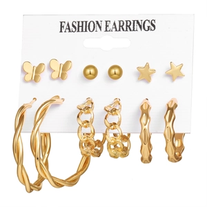 6-pair vintage gold earring set with pearls and geometric hoops on display card