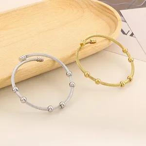 Women Stainless Steel Open Cuff Bangle Twisted Cable Wire Round Beads Minimalist Adjustable Jewelry Accessory