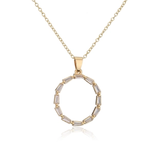 Detail of 18K gold plated copper necklace featuring a round pendant with zircon stone
