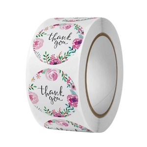Florale runde Thank You Aufkleber Rolle mit rosa Rosen für Geschenkverpackung und Hochzeit