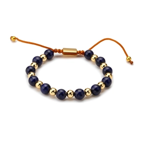 Adjustable natural lapis lazuli and gold bead bracelet with braided cord for men and women