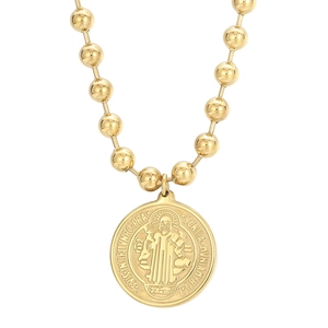 Gold stainless steel Saint Benedict medal pendant necklace on a delicate bead chain