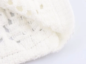 Close-up detail of the intricate hollow-out crochet pattern on white knitwear fabric