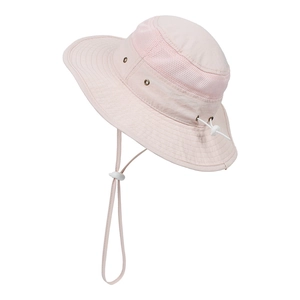 Detail view of pink kids sun hat with breathable mesh vents and adjustable wind rope