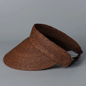 Close-up of the woven raffia texture and leather strap buckle on this sun visor hat