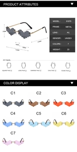 Detailed size chart and specifications for heart-shaped pixel frameless metal sunglasses