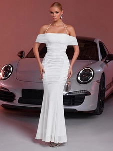 Women White Halter Off-shoulder Evening Dress Silver Glitter Ruched Mermaid Maxi Sleeveless Party Formal