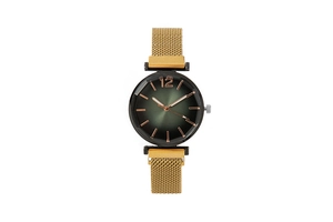 Detail showing the green gradient sunray dial and gold mesh steel strap of the quartz watch
