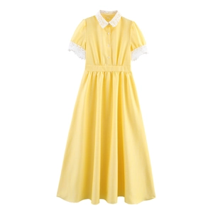 Retro Yellow Maxi Dress With White Lace Peter Pan Collar High Waist Button Down Elegant Long Dress For Women Pastoral Style