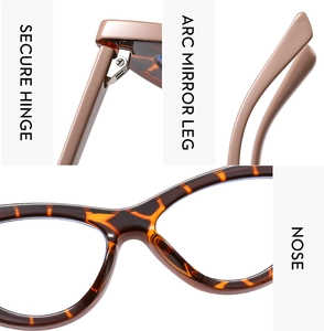 Dettagli di cerniere, aste curve e ponte nasale per occhiali fashion cat-eye tartarugati