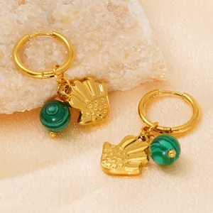 18K gold titanium steel hoop earrings featuring malachite beads and palm charms