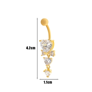 Detailed dimensions of gold navel piercing with heart-shaped zircon pendants showing 4.2cm height